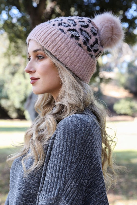 Women Leopard Knit Beanie Hat