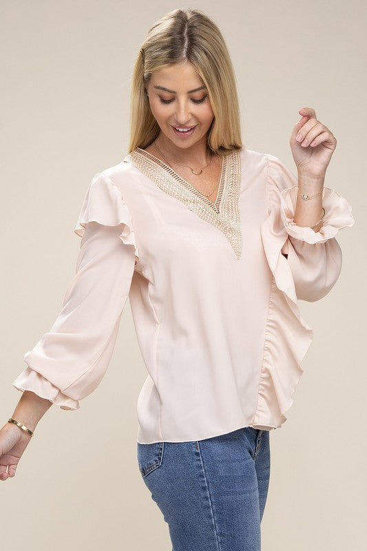 Women V neck lace trim long sleeve blouse