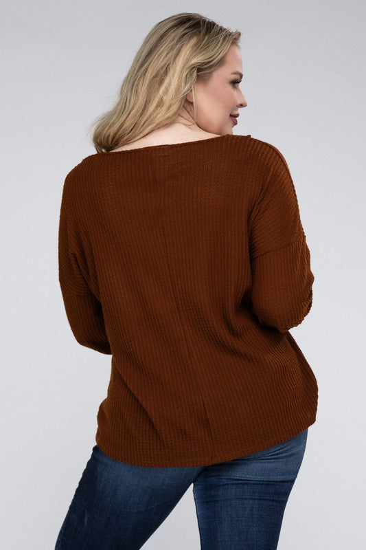 Women Plus Brushed Waffle V-Neck Button Detail Sweater
