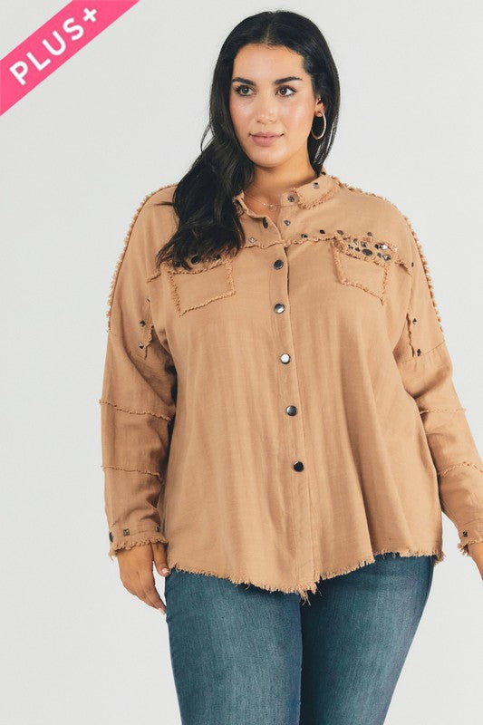 Women Plus Distressed hem button down oversize shirt