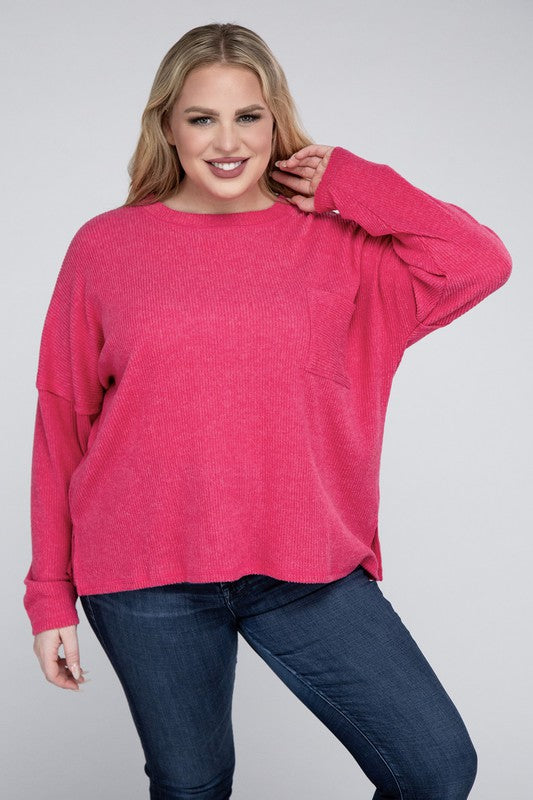 Women Plus Ribbed Brushed Melange Hacci Sweater