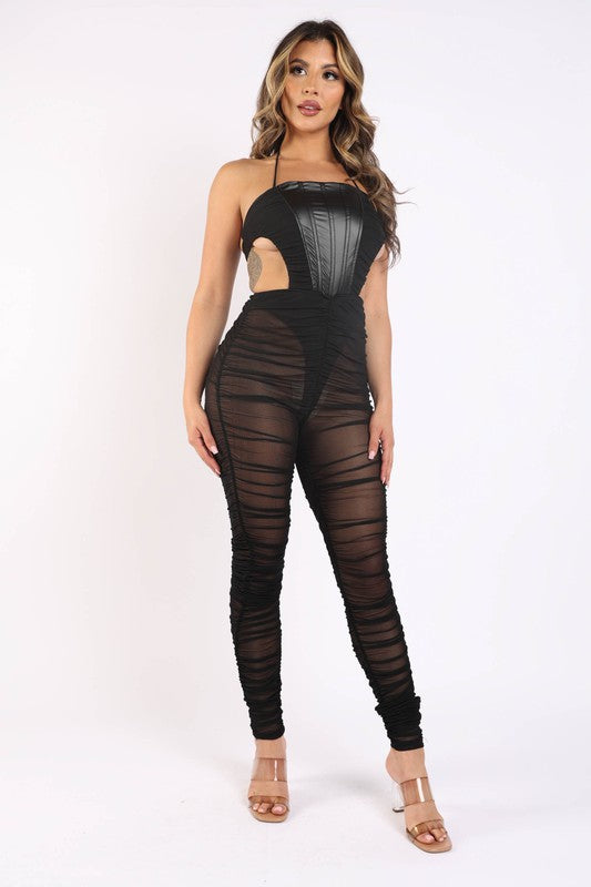 Ruched mesh jumpsuit with corset detail