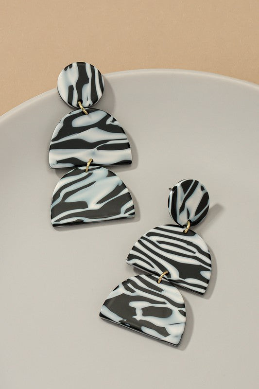 Black and white print geo shape drop earrings