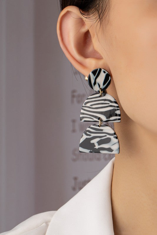 Black and white print geo shape drop earrings