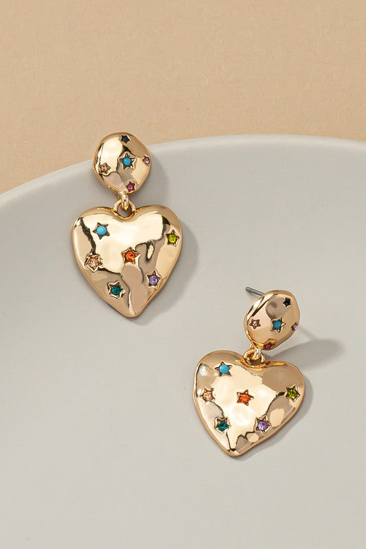 puffy heart drop earrings with rhinestones stars