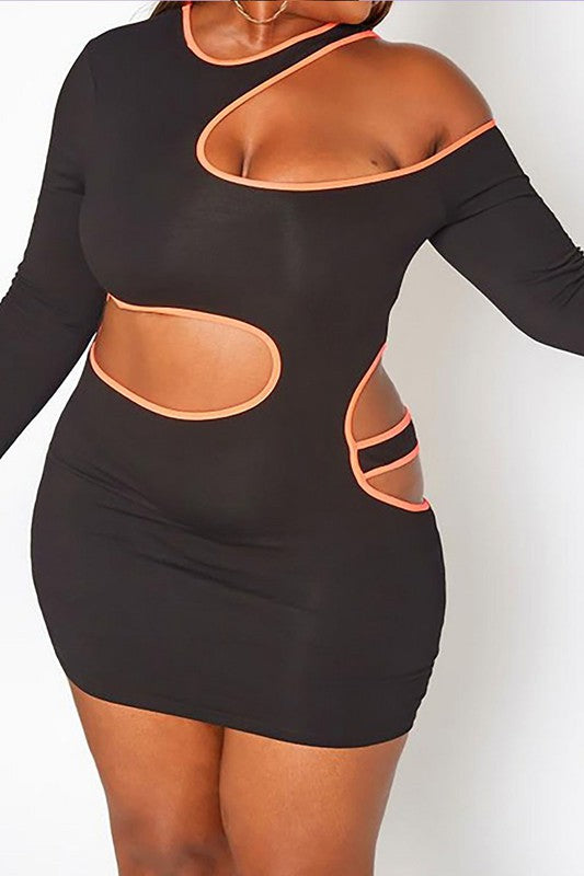 Women Plus Size Neon Trim Cut Out Bodycon Mini Dress