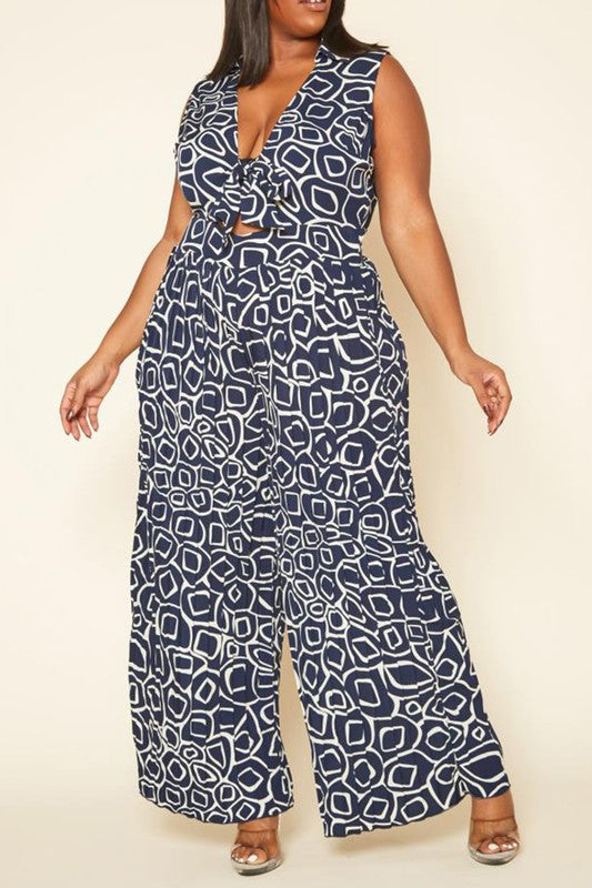 Plus Size Abstract Print Wide Flare Jumpsuit