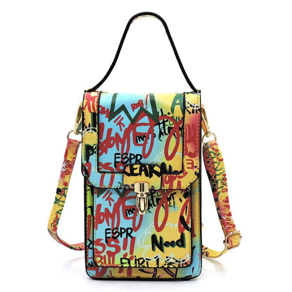 Multi Graffiti Top Flap Crossbody Bag Phone Purse