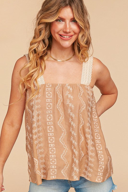 PLUS EMBROIDERED CROCHET LACE WOVEN TANK TOP