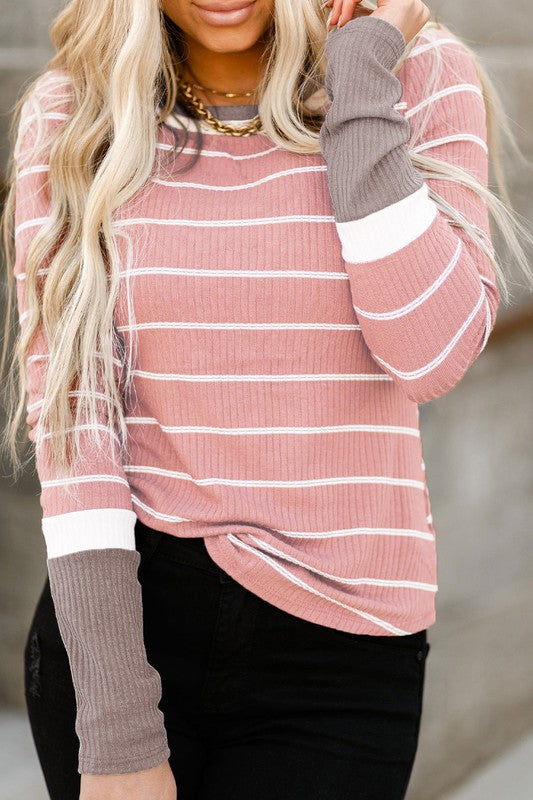 Brown Ribbed Knit Striped Top