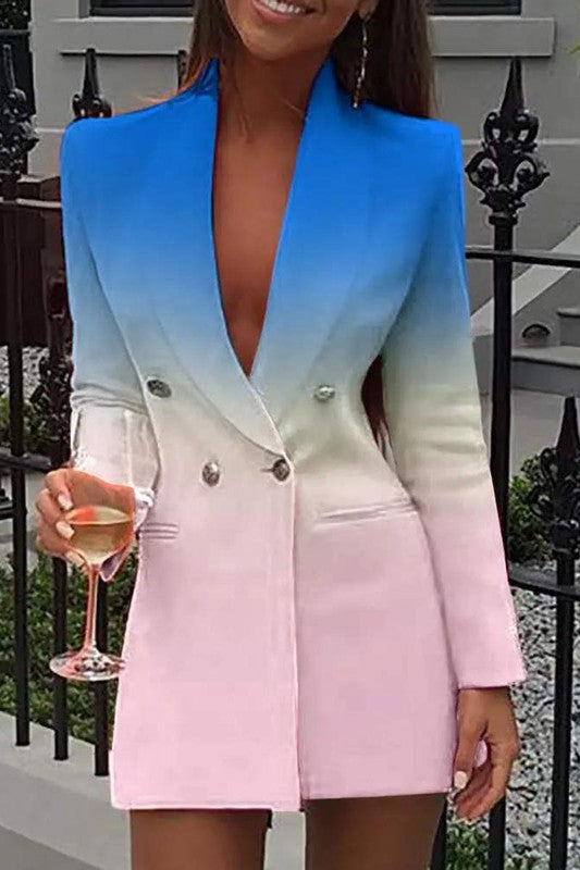DOUBLE BREASTED OMBRE COLORBLOCK BLAZER DRESS