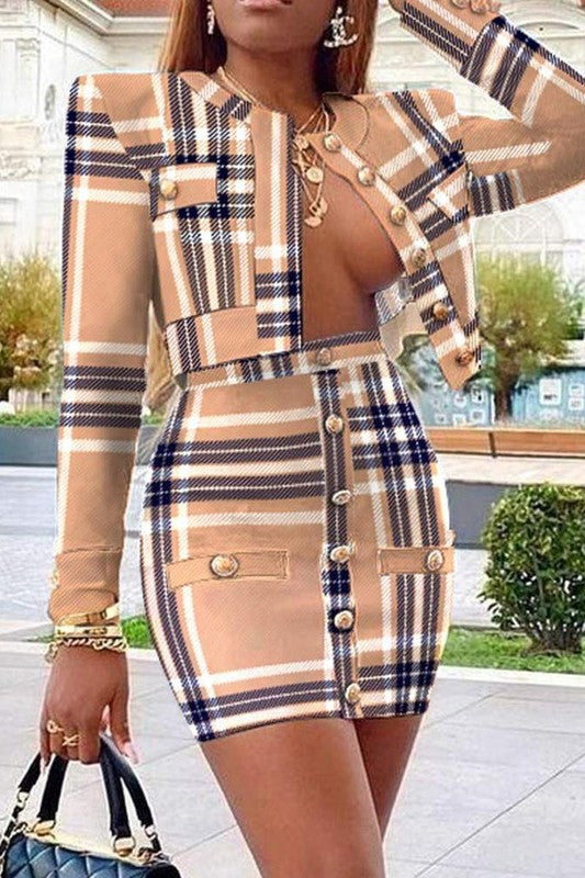 Plaid Print Tweed Buttoned Skirt Set