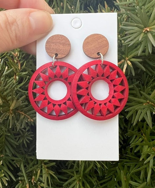 Red Wood Sunburst Earrings