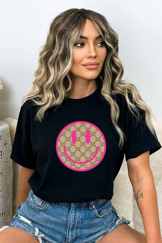 Women Pink Happy Face Graphic T-shirt