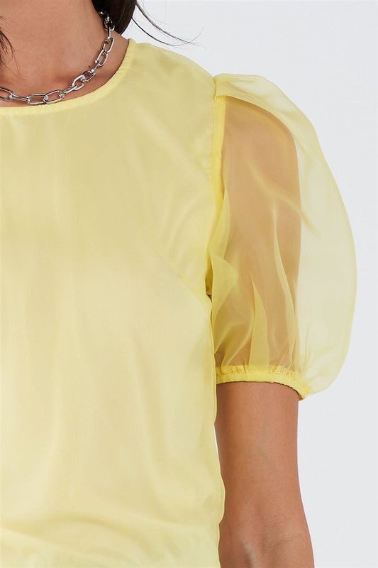 Women Yellow Sheer Puff Sleeve Retro Top