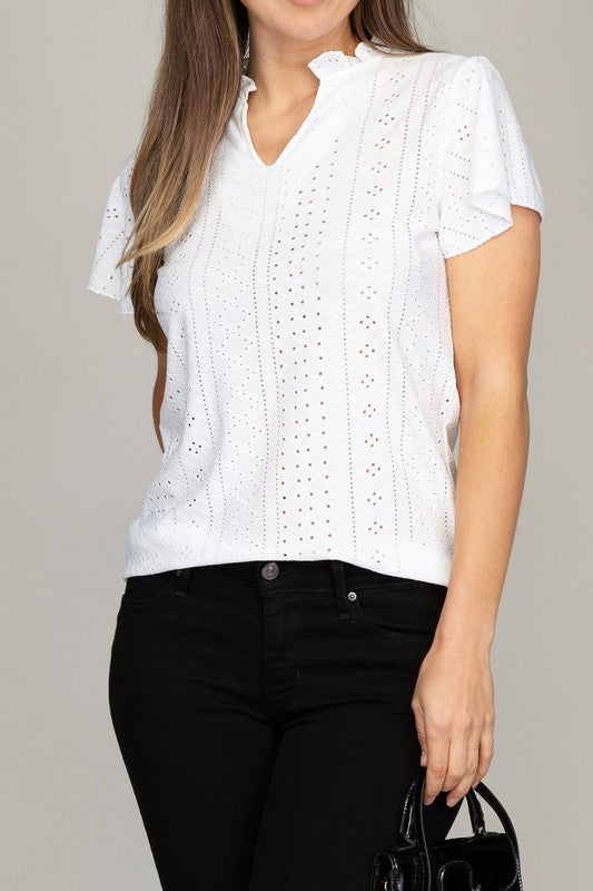 Women Embroidered eyelet blouse with ruffle