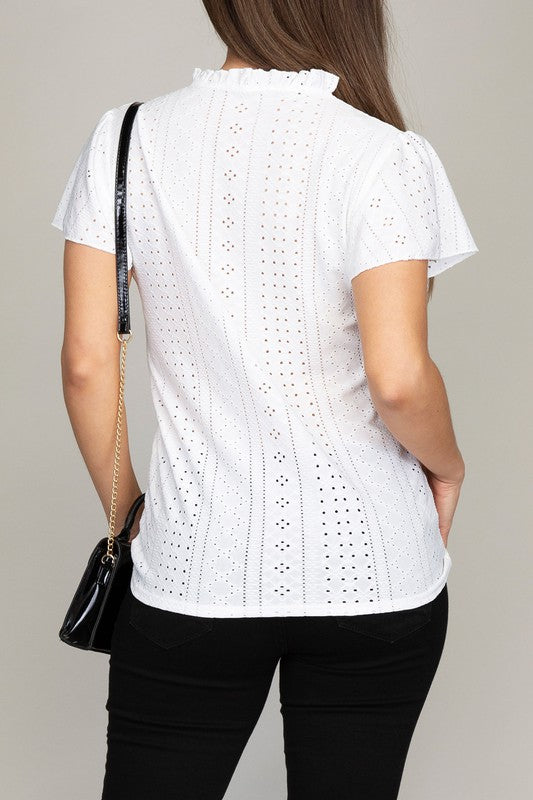 Women Embroidered eyelet blouse with ruffle