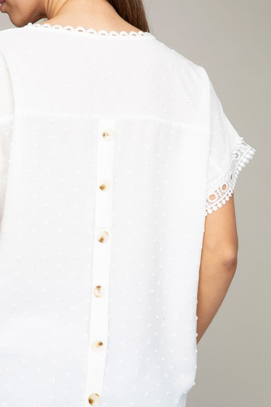 Women White Swiss Dot with lace trim blouses