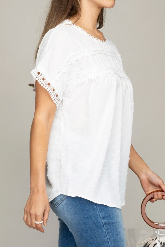 Women White Swiss Dot with lace trim blouses