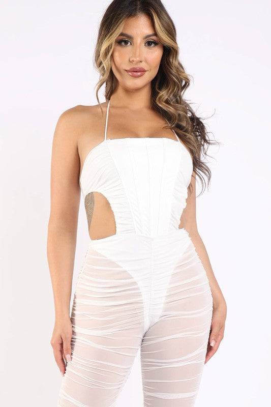 Ruched mesh jumpsuit with corset detail