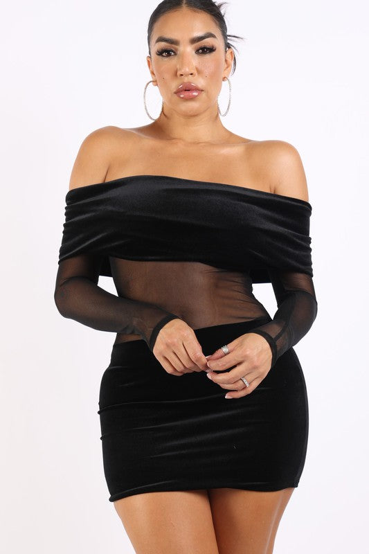Velvet off shoulder dress with mesh mid